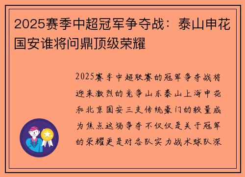 2025赛季中超冠军争夺战：泰山申花国安谁将问鼎顶级荣耀